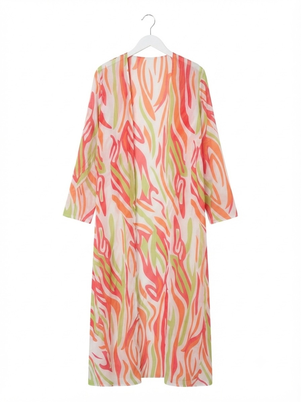 Boho Abstract Swirl Print Maxi Kimono Duster Cardigan Coral Green Sz S - Picture 4 of 4
